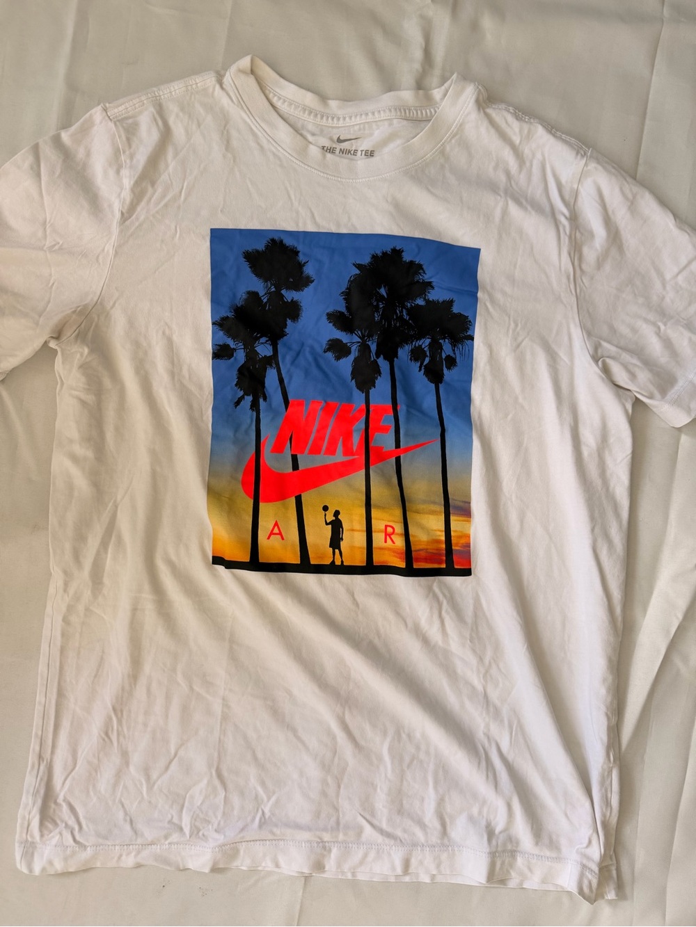 Nike White Short-Sleeve Tee with Red Swoosh & Sunset Graphic